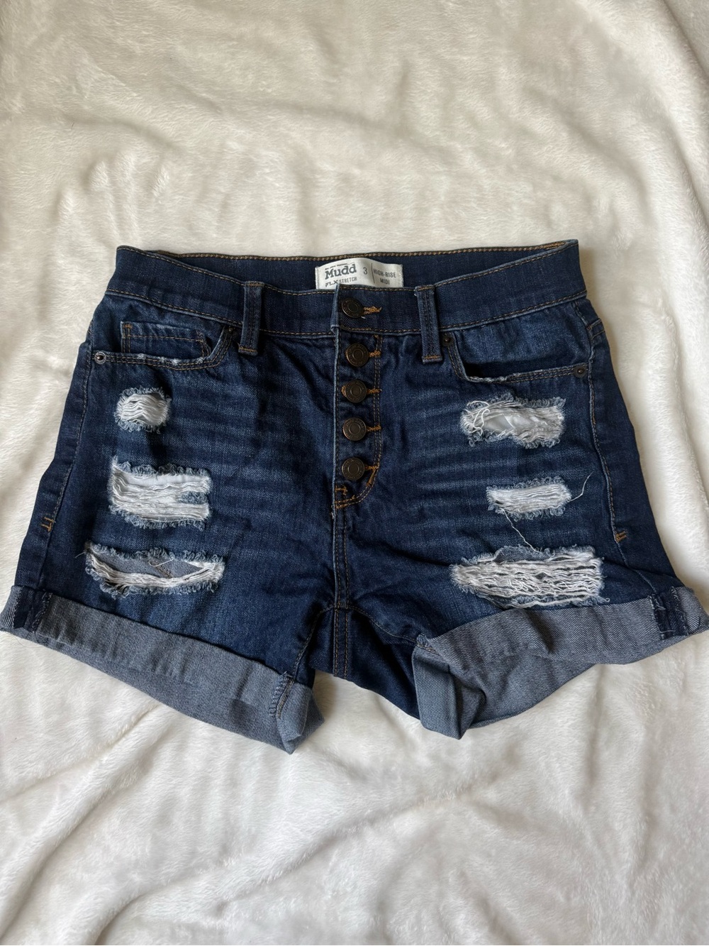 Mudd Flex Stretch High-Rise Midi Distressed Denim Jean Shorts Size 3